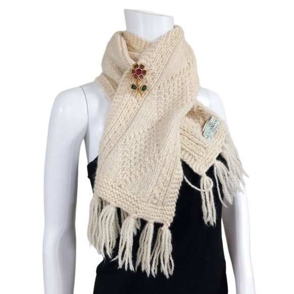 Mc Kennas Accessories - Mc Kennas 100% Pure Merino Wool Knitted Trim Hem Winter Scarf Cream Women's